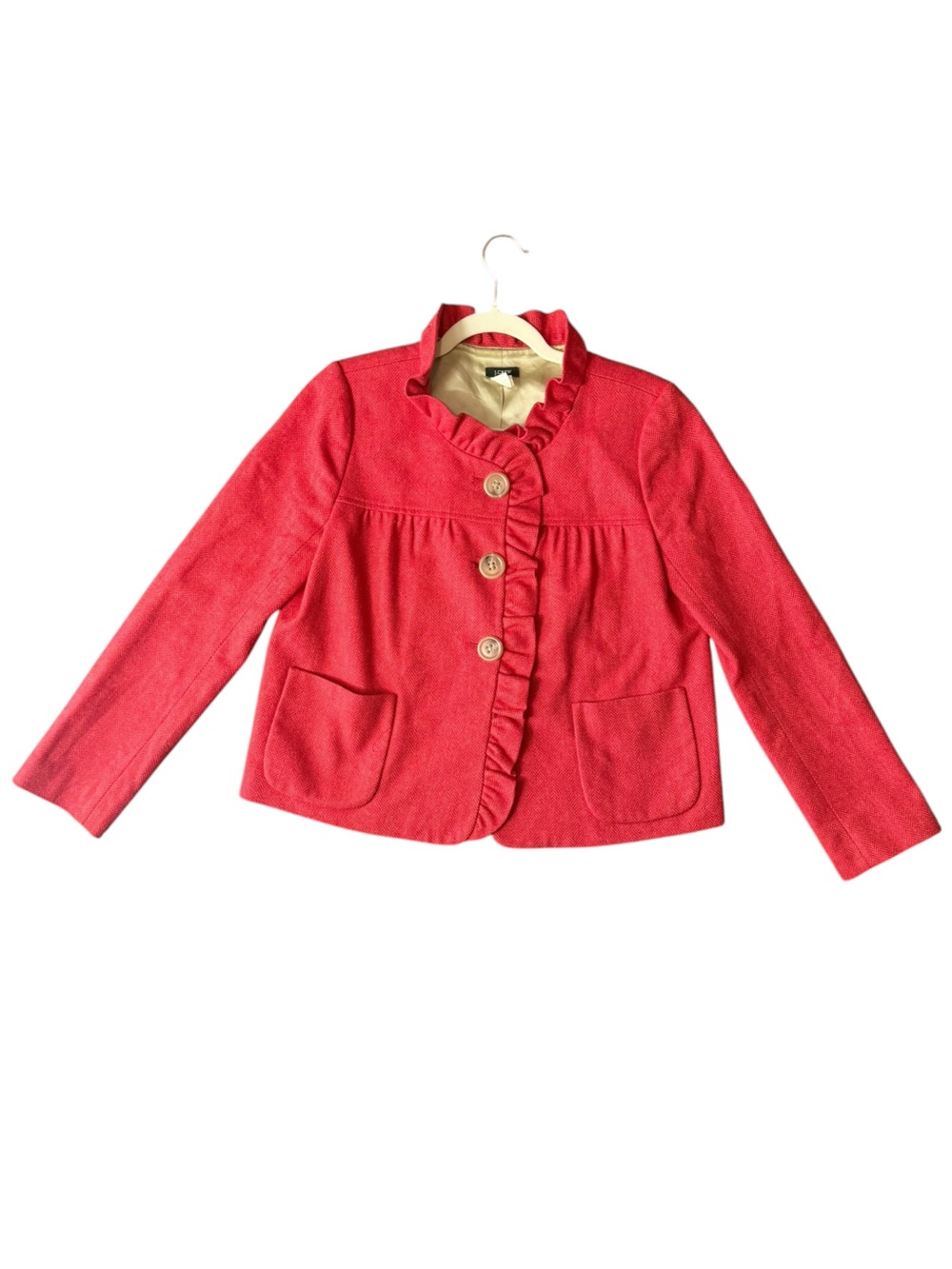 J.Crew Y2K Fiona Wool Herringbone Ruffle Jacket Rhubarb Red Size 6 FA08 - Picture 5 of 13